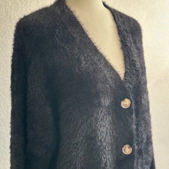 Debut Fuzzy Black Button-Front Cardigan – Size M/L – Soft Cozy Knit - Picture 3 of 8